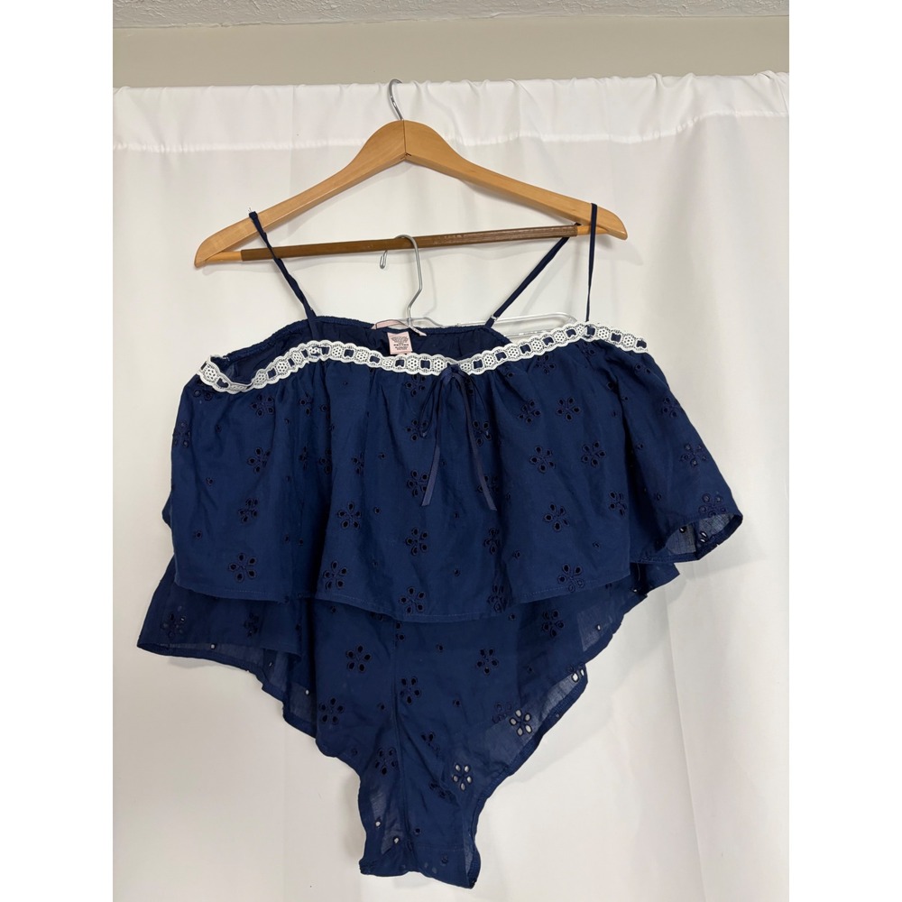Victoria's Secret Cottage Babydoll Eyelet Lace Ruffle Shorts Blue Pajama Set XL